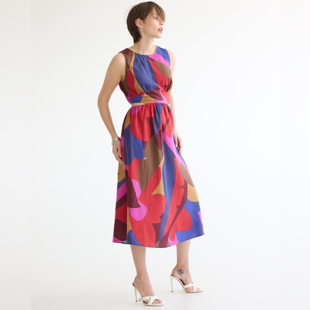 Sleeveless Linen cut out Midi Dress - multi summer print L - Picture 8 of 9